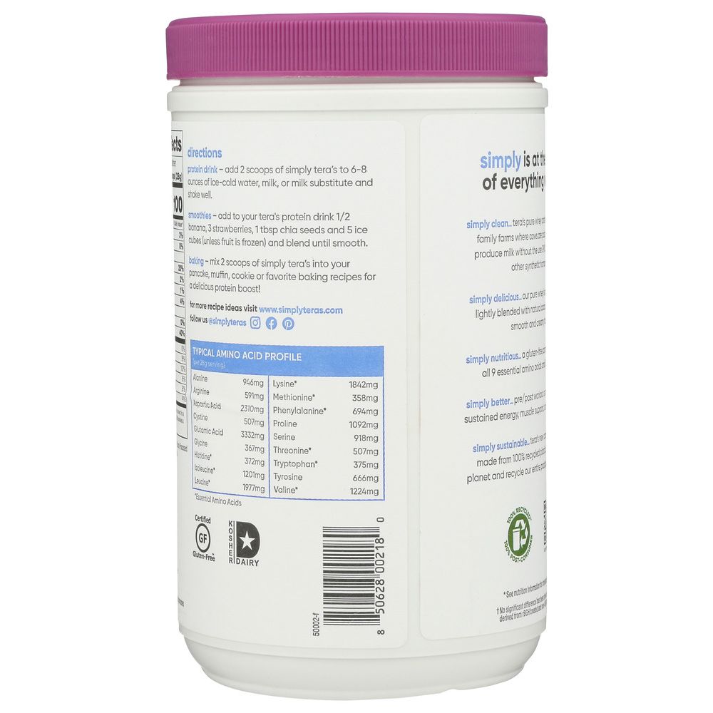 TERA&#39;S WHEY: rBGH Free Whey Protein Fair Trade Dark Chocolate, 12 oz